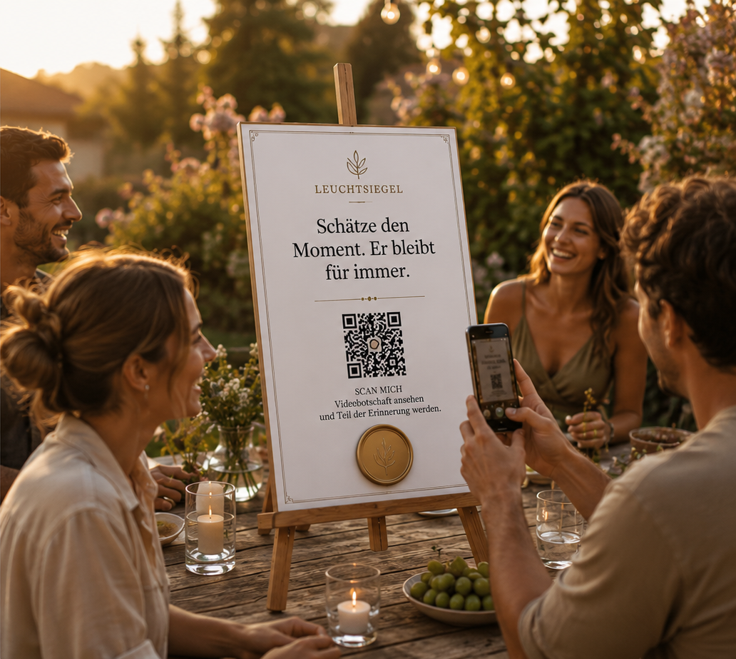 Freunde bei einer warmen Feier neben einem LEUCHTSIEGEL Plakat mit QR-Code und physischem Siegel