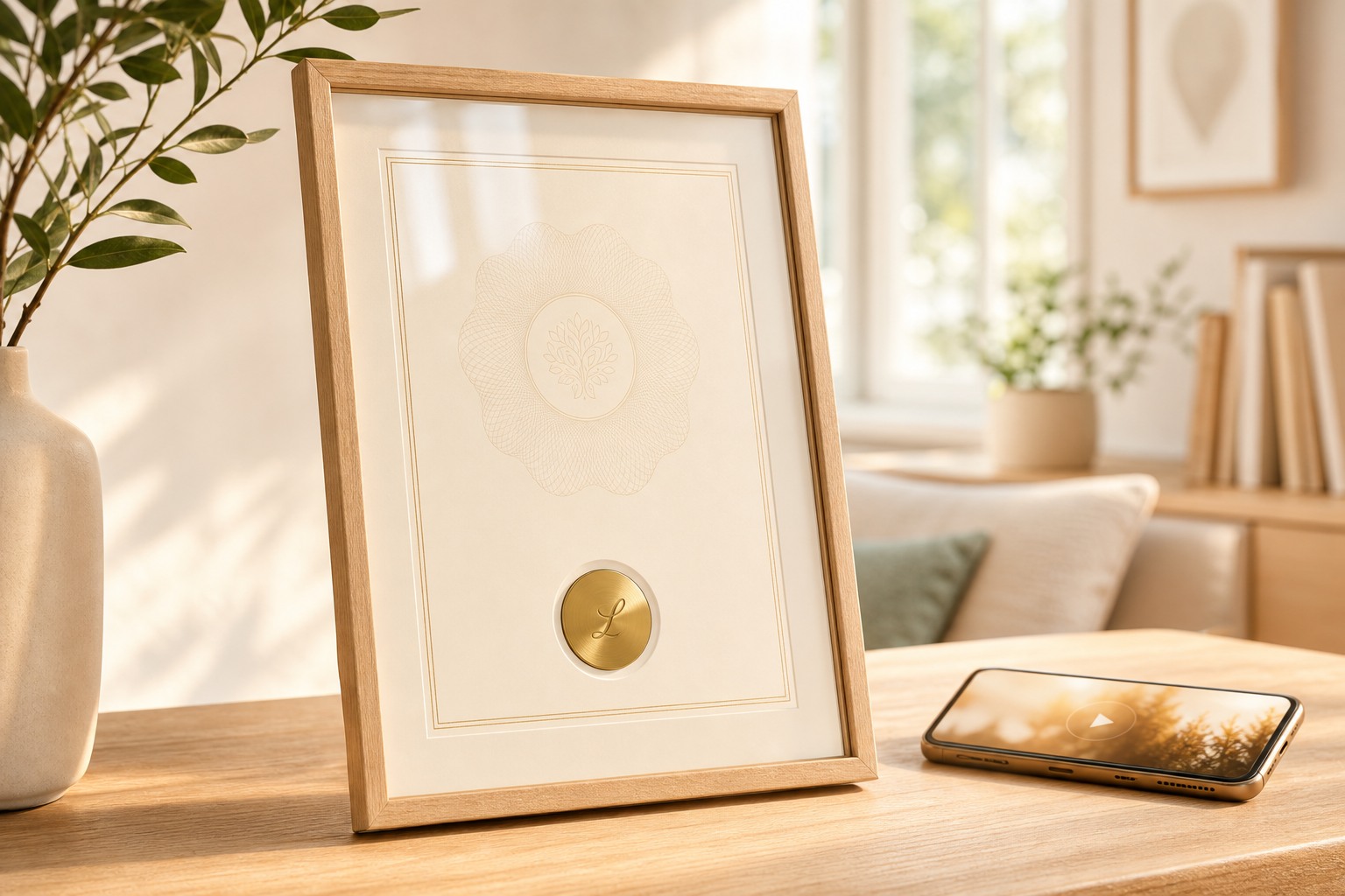 Personalisierte goldene LEUCHTSIEGEL-Münze in einer beispielhaften Rahmung neben einem Smartphone