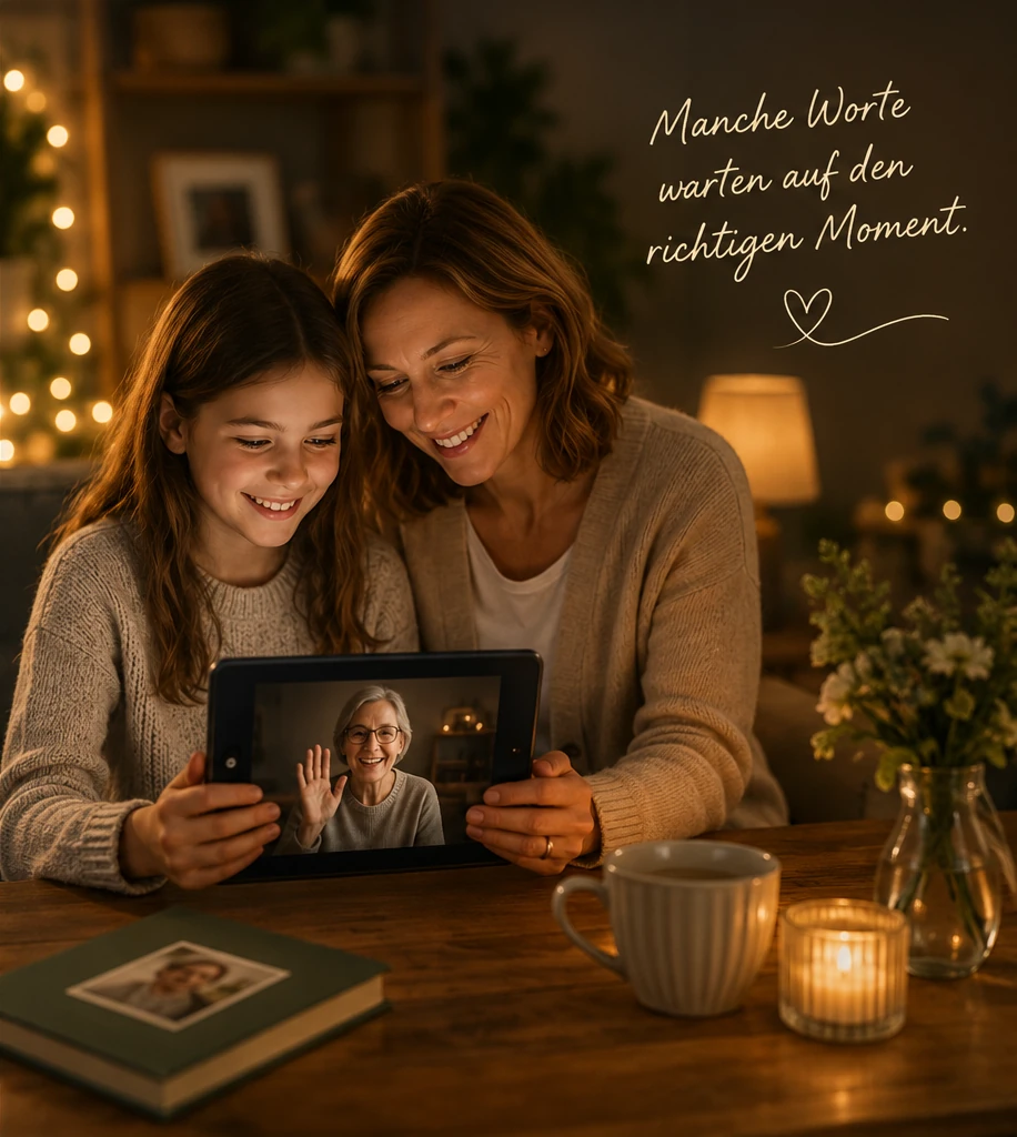 Mutter und Tochter erleben gemeinsam eine später freigegebene Videobotschaft der Großmutter